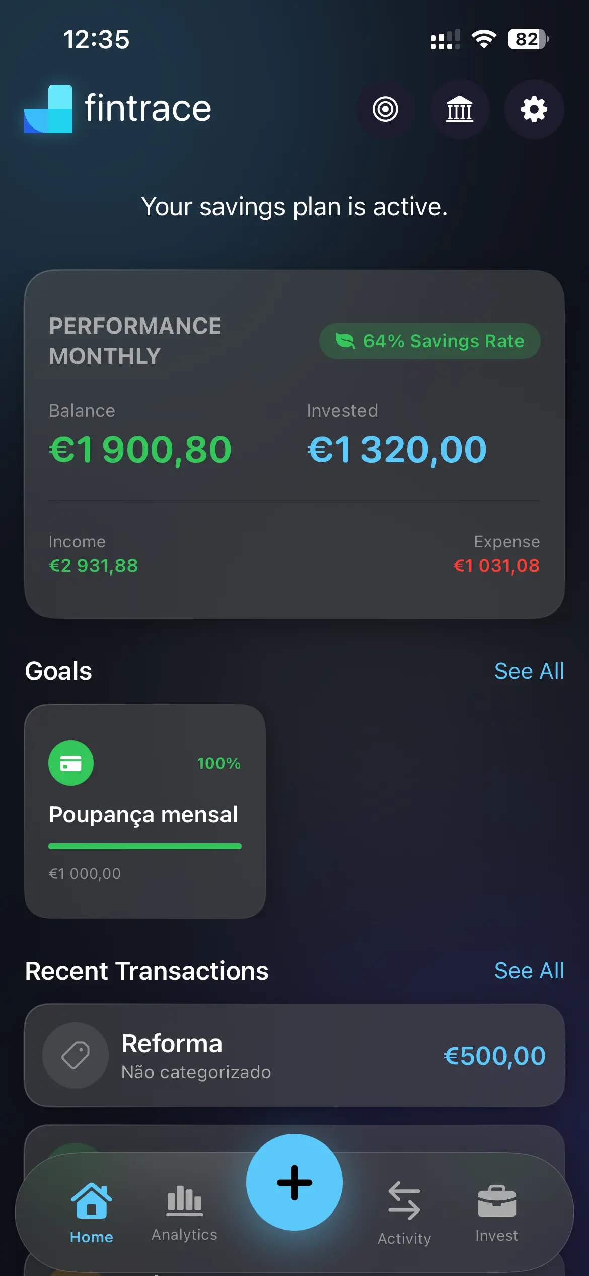 Fintrace App — Dashboard principal