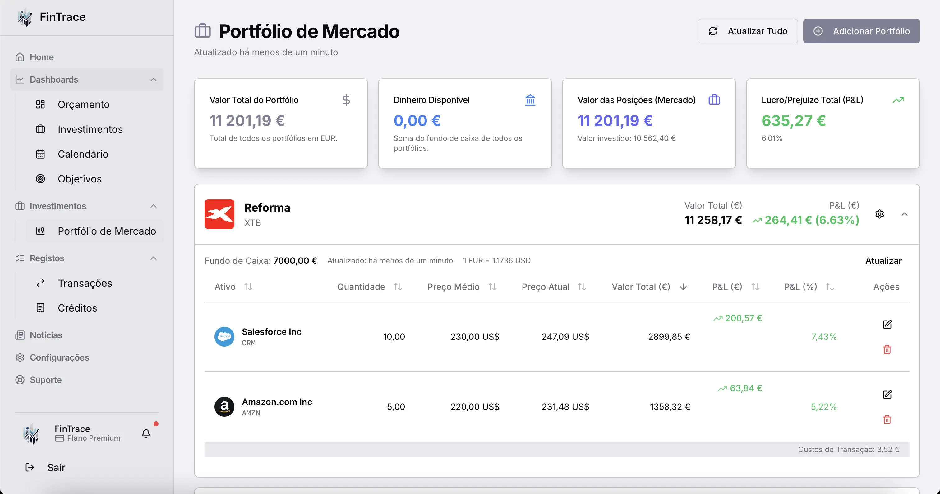 Gestão de investimentos do FinTrace